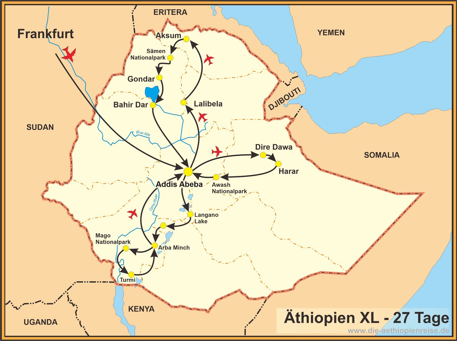 Reiseroute der Äthiopien XL Studienreise
